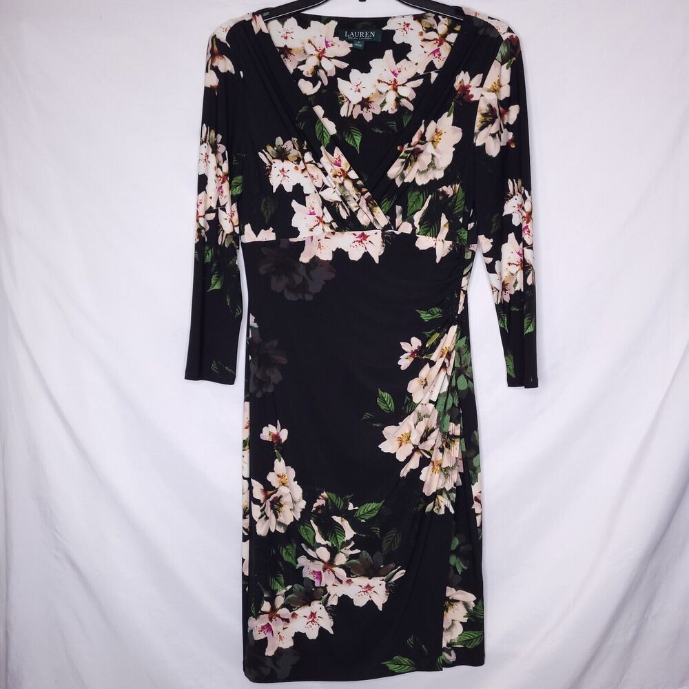 Ralph Lauren Dress 4 Black Green Pink Floral Faux Wrap Sheath